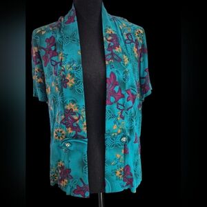 Vintage Miss Dorby Teal Floral Short Sleeve Open Front Cardigan - Size 10